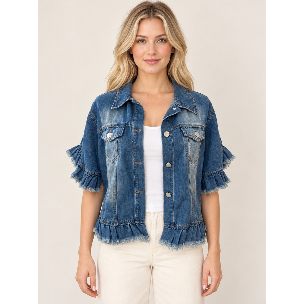 Suvimuga Blue Denim Ruffle Short Sleeve Frayed Hem Jean Jacket Cotton Blend  XL